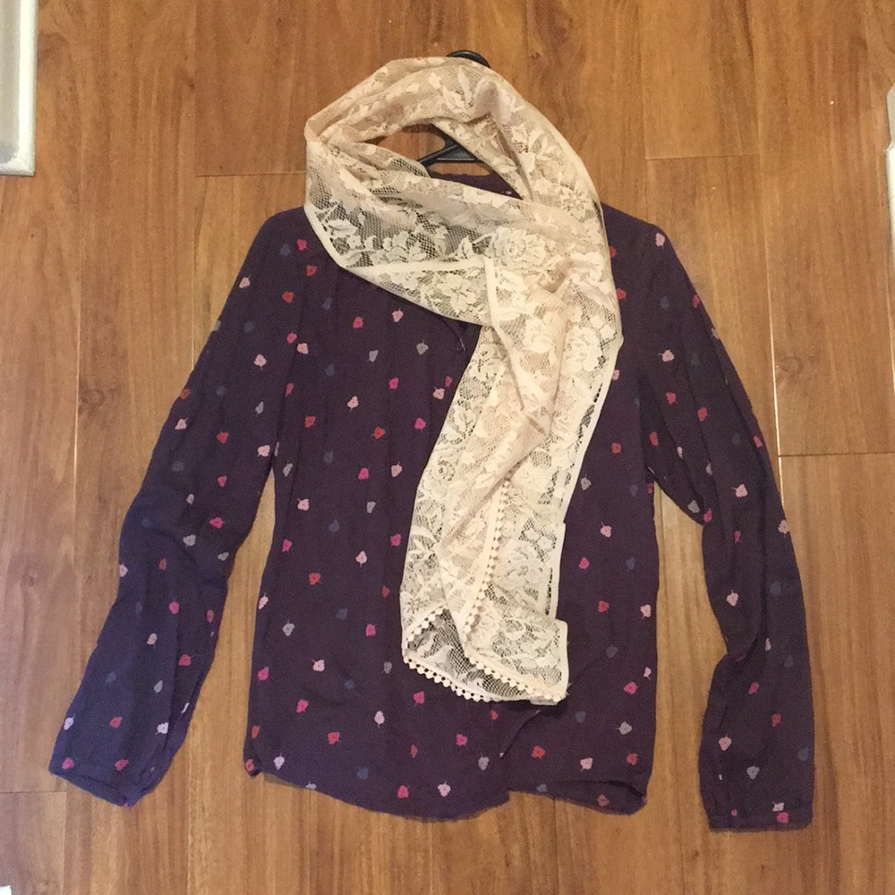 Purple American Eagle blouse with leaf pattern.